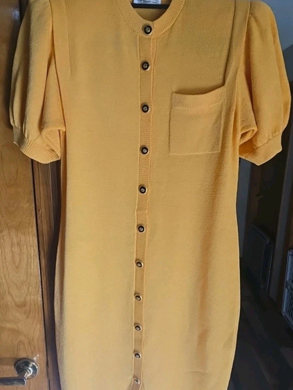 St John Sunny Yellow Button-Front Knit Midi Dress with Puff Sleeves